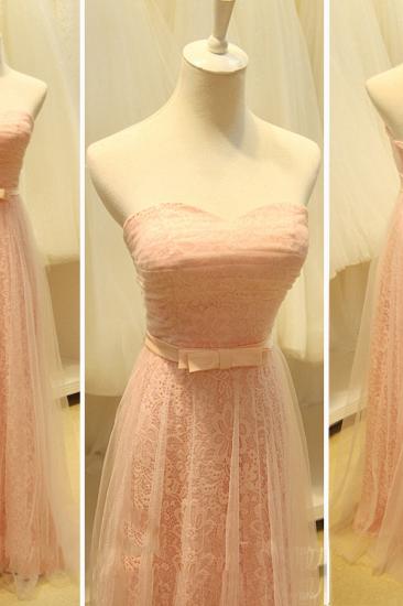 Pink Lace Lovely Long Prom Dresses Covered by Sheer Tulle Sweetheart Pretty Cute Evening Dresses with Bowknot_2