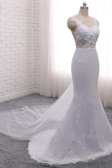 Bradyonlinewholesale Stylish Jewel Mermaid Lace Appliques Wedding Dress White Sleeveless Beadings Bridal Gowns with Overskirt On Sale_4