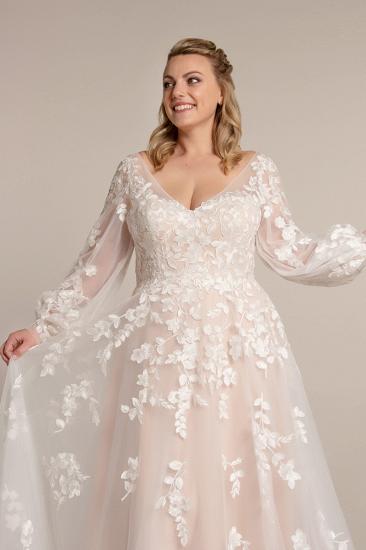 Long Sleeve V Neck A-Line Lace Appliquéd Plus Size Wedding Dress