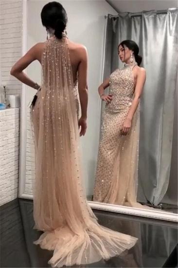Glamorous Champagne Sheath Evening Dresses | Sexy Halter Backless Crystal Prom Dresses_1