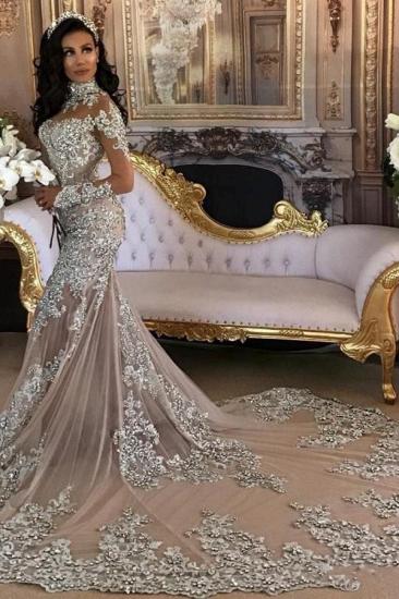 Elegant High neck Long sleeves Mermaid Wedding Dress | Silver Tulle Bridal Gowns with Lace Appliques_3