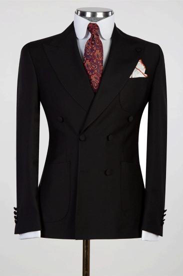 Black Double Breasted Peaked Lapel Business Men Suits_1
