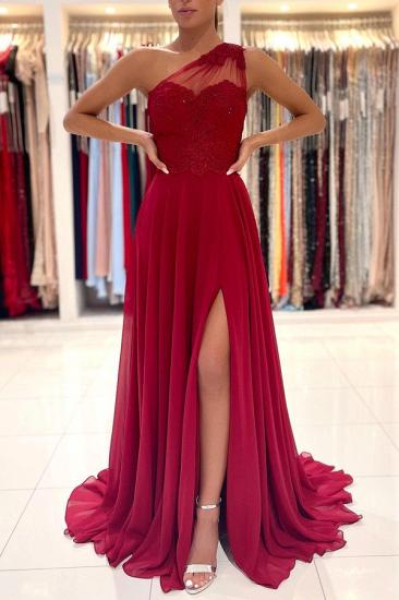 One-shoulder red ball gown with floor-length sleeveless dress and front slit_4