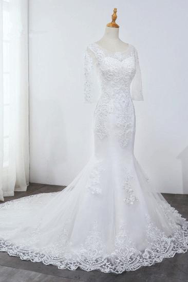 Bradyonlinewholesale Elegant Jewel 3/4 Sleeves Mermaid White Wedding Dress Tulle Lace Appliques Beadings Bridal Gowns On Sale_4