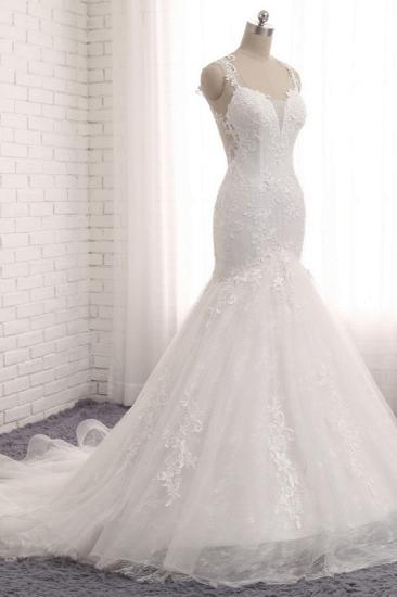 Bradyonlinewholesale Elegant Straps V-Neck Tulle Lace Mermaid Wedding Dress Appliques Sleeveless Bridal Gowns On Sale_3