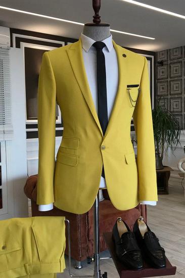 Solomon Yellow Pointed Lapel One Button 3 Flaps Prom Mens Suit_1