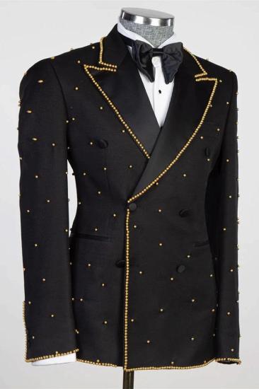 Tate Black Peaked Lapel Double Breasted Prom Suits With Gold Beading_2