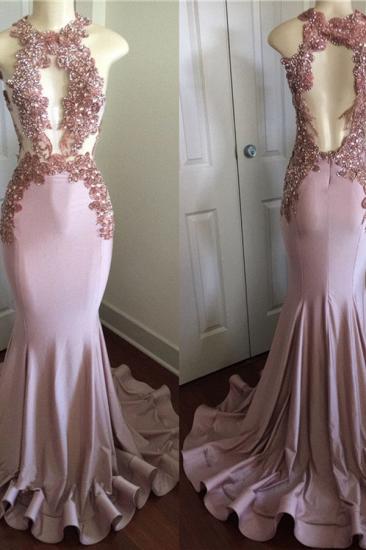 Pink Sleeveless Mermaid Prom Dresses | Open Back Beads Crystals Appliques Evening Gown_4