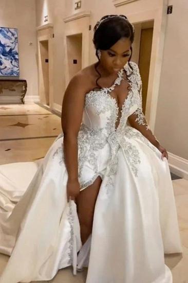 Gorgeous One Shoulder Satin Aline Wedding Dresses Beadings Front Split Bridal Gown_5