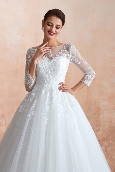 Affordable Lace Jewel White Tulle Wedding Dress with 3/4 Sleeves_8