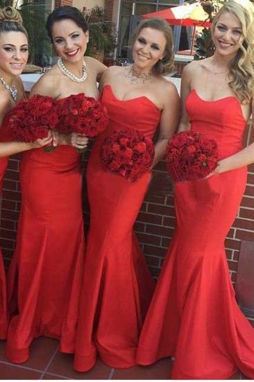 Elegant Red Mermaid Long Bridesmaid Dresses Simple Cheap Satin Floor Length Formal Wedding Dress Under 100_1