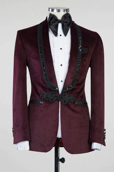 Pan New In Burgundy Velvet Knitted Button Black Chains Prom Suit_1