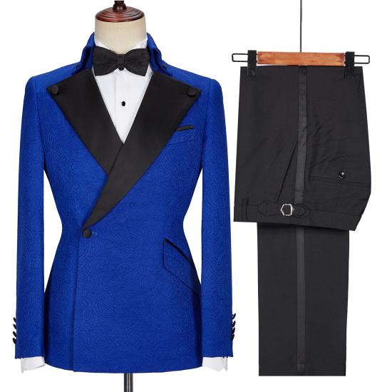 Dean Fashion New Royal Blue Jacquard Black Lapel Wedding Dress_5