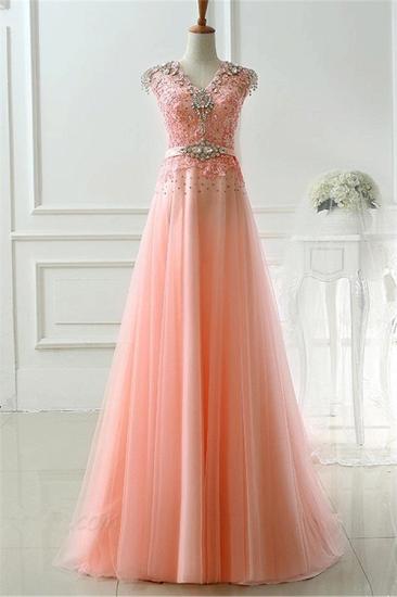 Pink V-Neck Crystal Lace Evening Dresses Sweep Train Zipper Charming Prom Dresses_1