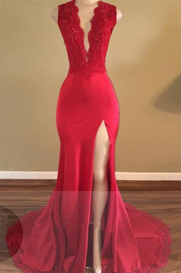 V-neck Red Backless Sleeveless Beads Front-Split Newest Prom Dress