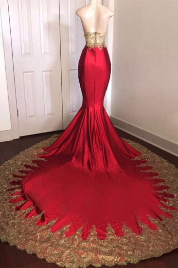 2022 Sexy Strapless Red Prom Dress with Gold Lace | Mermaid Prom Dresses on Mannequins with Long Train_2