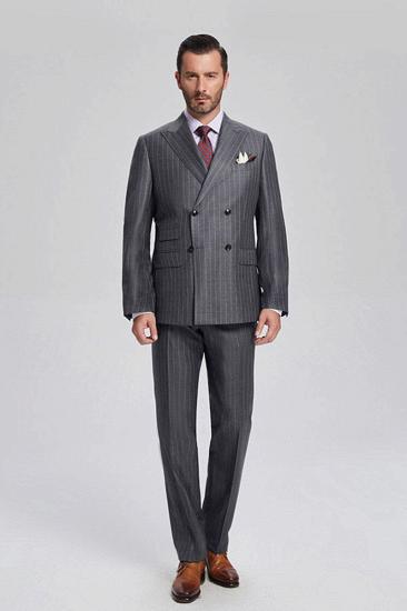 Classic Peak Lapel Double Breasted Light Stripe Dark Grey Mens Business Suit