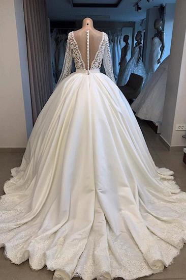 Graceful V Neck Long Sleeves Lace Appliqued Beading Bride Dresses | Wedding Party gowns With Zipper And Buttons_3