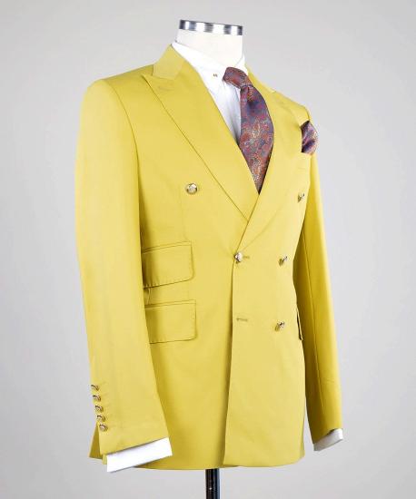 Yellow Peaked Lapel Double Breasted Two Pieces Men Suits_2