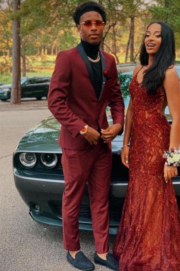 Wheeler Burgundy Two Buttons Prom Suits With Navy Shawl Lapel_1