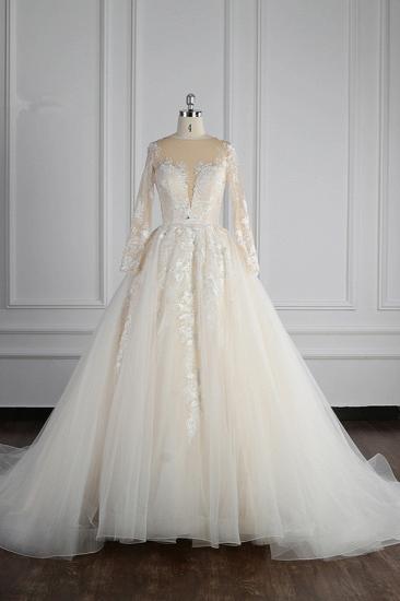 Bradyonlinewholesale Elegant Jewel Long Sleeves Wedding Dress Tulle Appliques Ruffles Bridal Gowns with Beadings Online