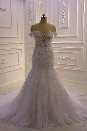 Gorgeous White 3D Lace applique Off-the-Shoulder Mermaid Bridal Gowns_1