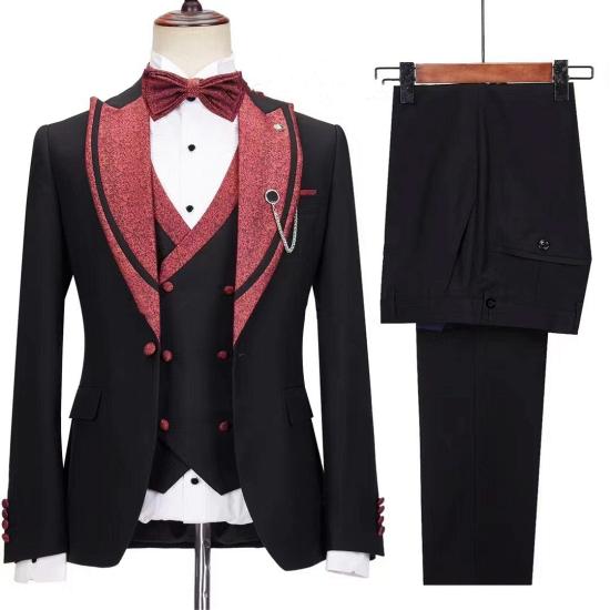 Jensen Bespoke Black Peaked Lapel Three Pieces Prom Suits_2
