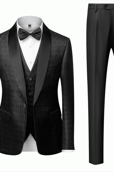 Classic Black Satin Shawl Lapel Jacquard Suits Mens Wedding Tuxedos_2