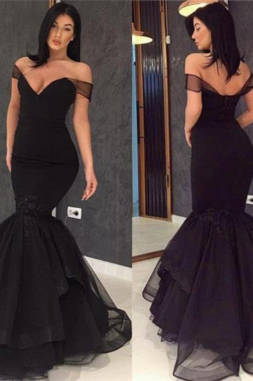 Off The Shoulder Mermaid Sexy Evening Gowns Black Open Back Cheap Prom Dress_3