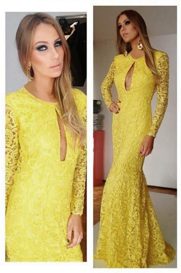 Yellow Long Sleeve Lace Prom Gowns Mermaid Sweep Train Sexy Evening Dresses