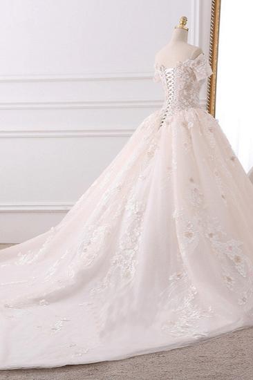 Bradyonlinewholesale Ball Gown V-Neck Tulle Beadings Wedding Dress Lace Appliques Short Sleeves Bridal Gowns with Flowers On Sale_4