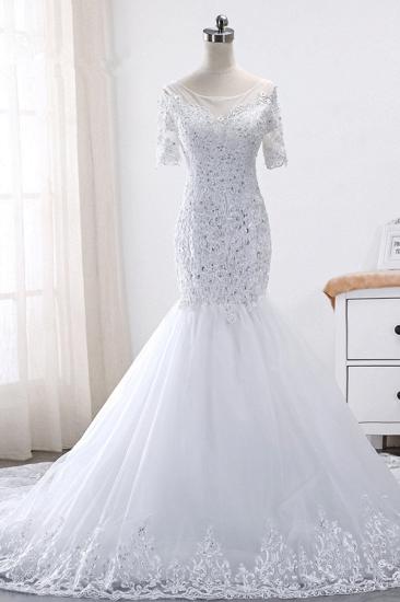 Bradyonlinewholesale Glamorous Jewel Tulle Lace Wedding Dress Mermaid Short Sleeves Beading Bridal Gowns Online