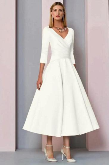 Half Sleeves White Ankle Length Mother of the Bride Dress V-Neck Satin Wedding Guest Dress