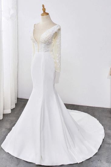 Bradyonlinewholesale Simple Satin Mermaid Jewel Wedding Dress Tulle Lace Long Sleeves Bridal Gowns On Sale_3