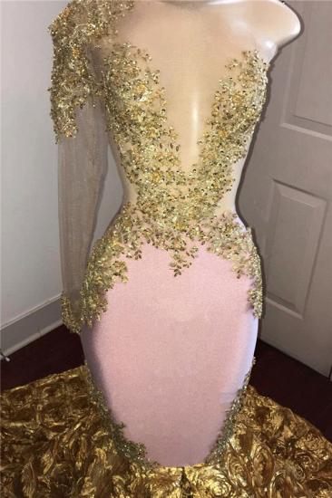 One Sleeve Mermaid Gold Floral Prom Dresses Cheap | Beads Lace Appliques Sexy Prom Gowns Cheap_2