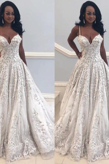 Elegant Spaghetti-Straps Long Wedding Dress | V-Neck Lace Appliques Bridal Gown_2