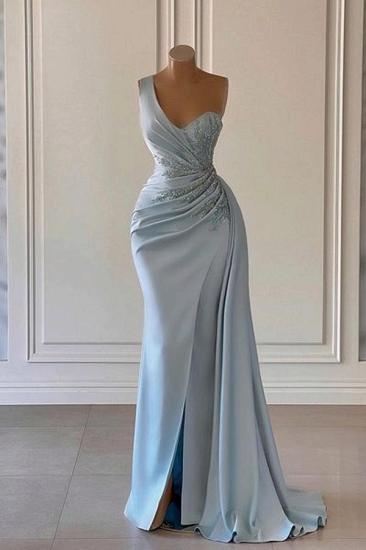 One shoulder blue prom dress in mermaid pleats_1