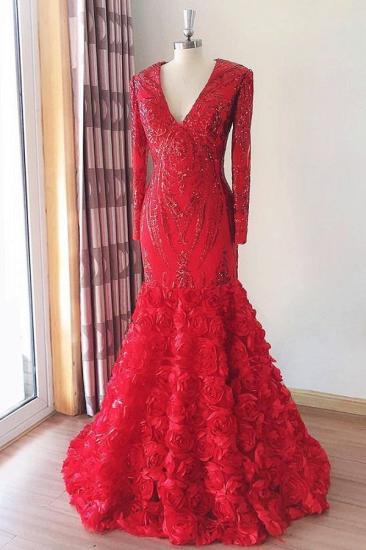 Red Long Sleeves Floral Appliques Mermaid Evening Prom Gown_1