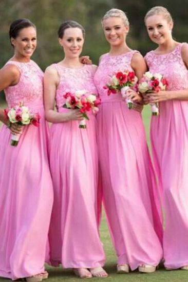 Cheap Pink Lace Long Bridesmaid Dress Popular Chiffon Floor Length Dresses for Wedding_2