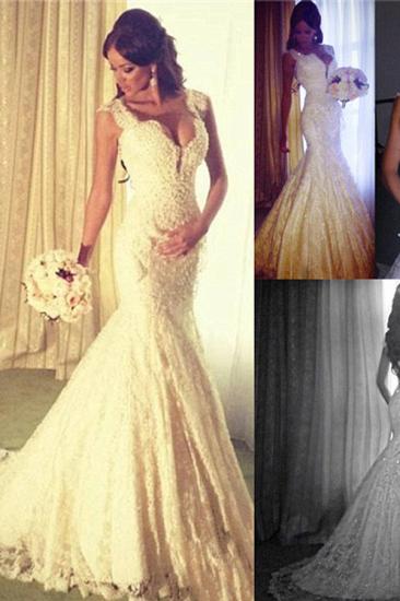 Sexy Mermaid V-neck Wedding Dress Sparkly Lace Bridal Gowns_5