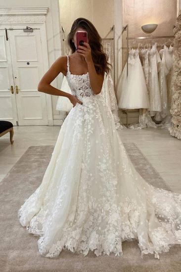 Glamorous Lace Appliques Spaghetti A-line Bridal Gowns Sweep Train Wedding Dress_1