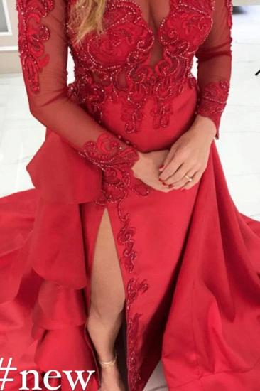 Stylish Long Sleeves Red Evening Dress Lace Appliques with Side Slit_2