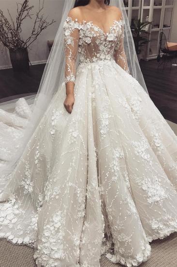 Sexy Crew Neck Long Sleeve Princess Bridal Gowns | Lace Appliques Wedding Dress