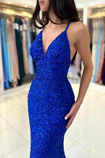 King Blue Evening Dresses Long Glitter | Sparkly Prom Dresses With Spaghetti Straps_5