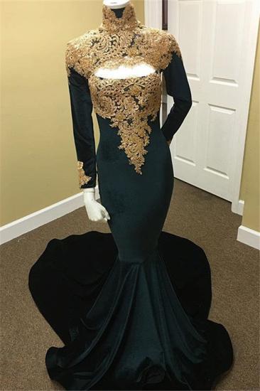 Cheap Gold Lace Black Prom Dresses | Long Sleeve Mermaid Evening Dress with Keyhole