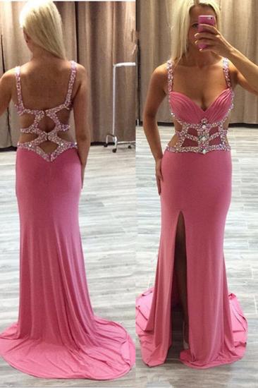 Side-Slit Crystal Ruffles Glamorous Sheath Straps Prom Dress_1