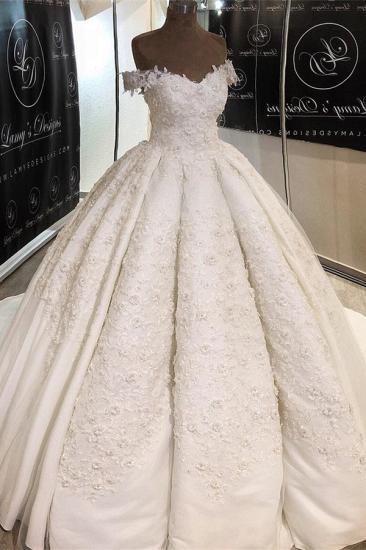 Bradyonlinewholesale Chic Off-the-shoulder A-line White Wedding Dresses Satin Ruffles Lace Bridal Gowns With Appliques Online_2