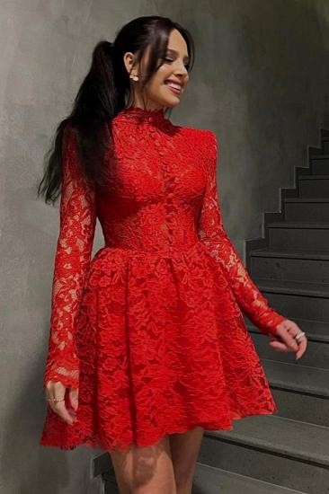 Red Long Skeeves SHort Homecoming Dress High Neck Floral Lace Knee Length Party Dress