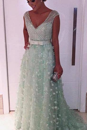 Crystals V-neck Mint Green Evening Dress 3D Flowers Long Formal Dress