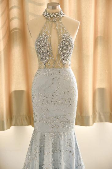 Halter Sleeveless Beaded Mermaid Satin Floor Length Crystal Prom Party Dress_1